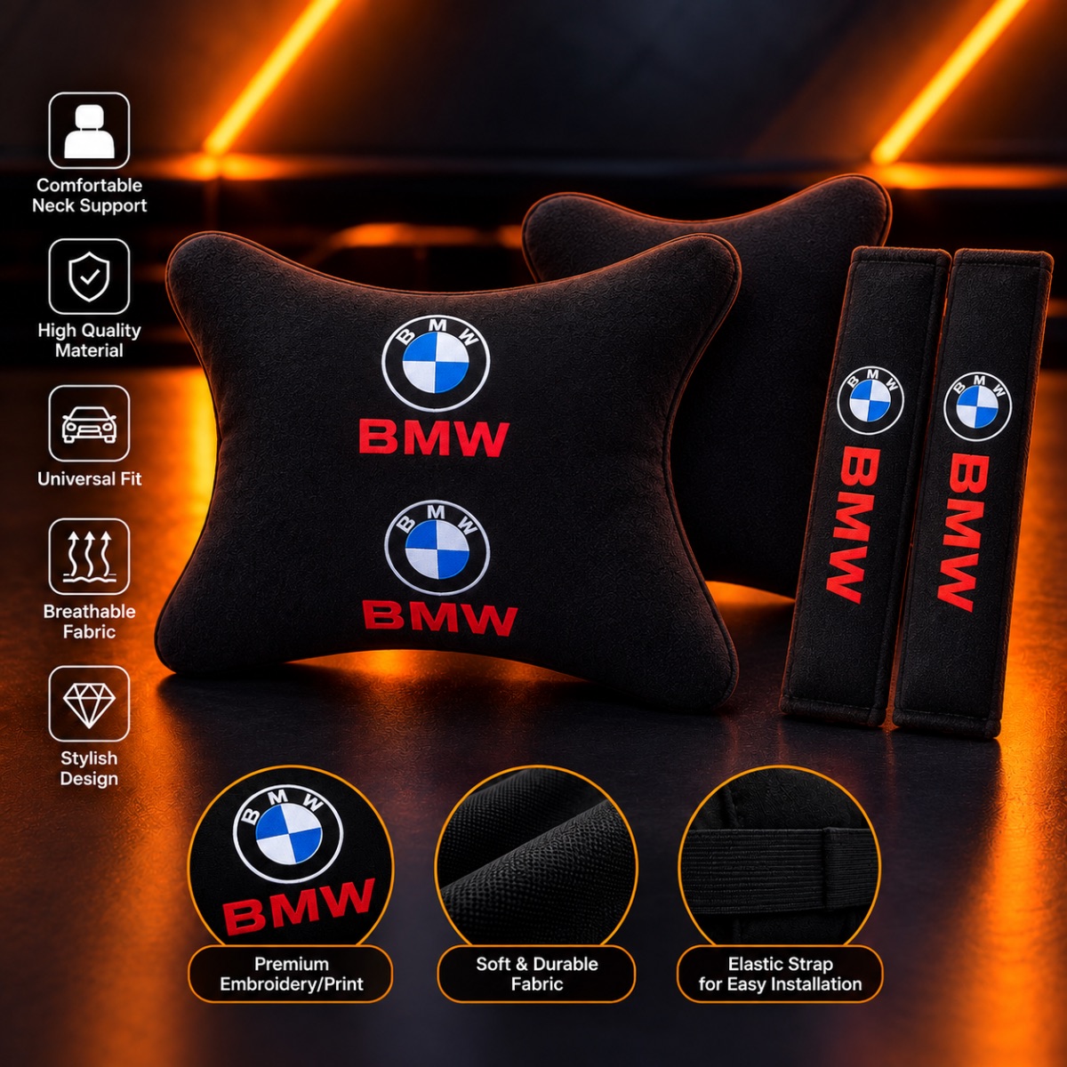 BMW Car Neck Pillow & Seat Belt Cover Set