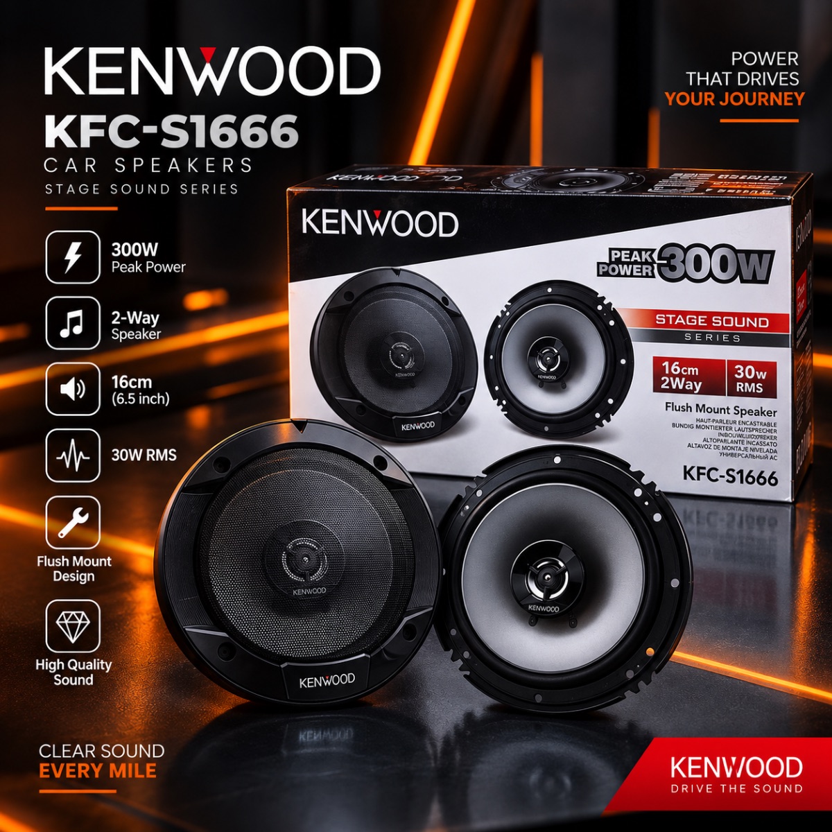 Kenwood KFC-S1666 16cm 2-Way Coaxial Car Speakers – 300W