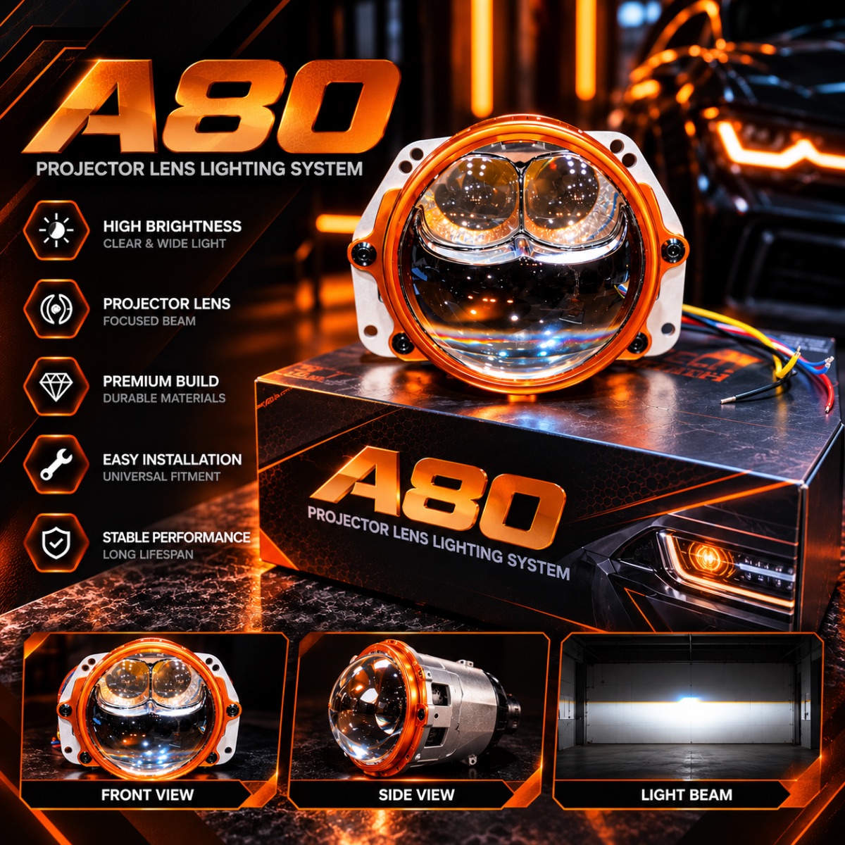 A80 Projector Lens Lighting System – Automotive Headlight Upgrade
